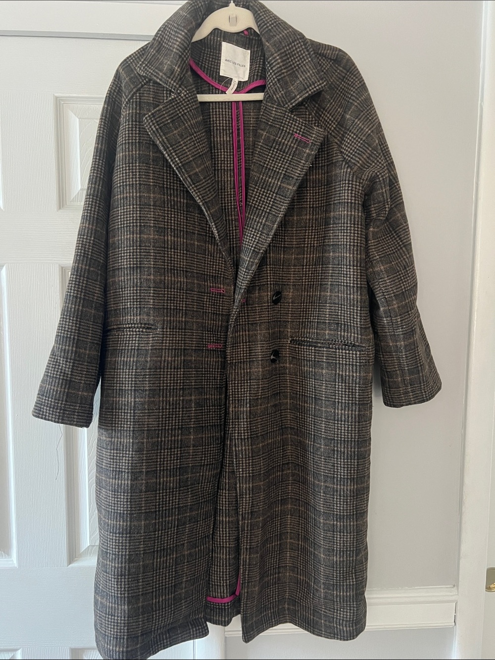 Avec Les Filles Brown and Gray Checked Pea Coat